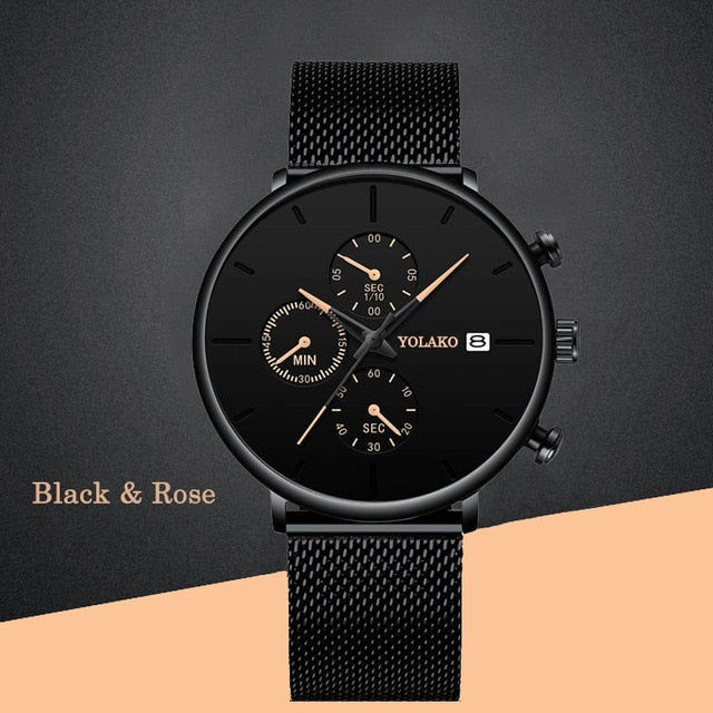 Fashion Men's Watches Stainless Steel Mesh Belt Black Quartz